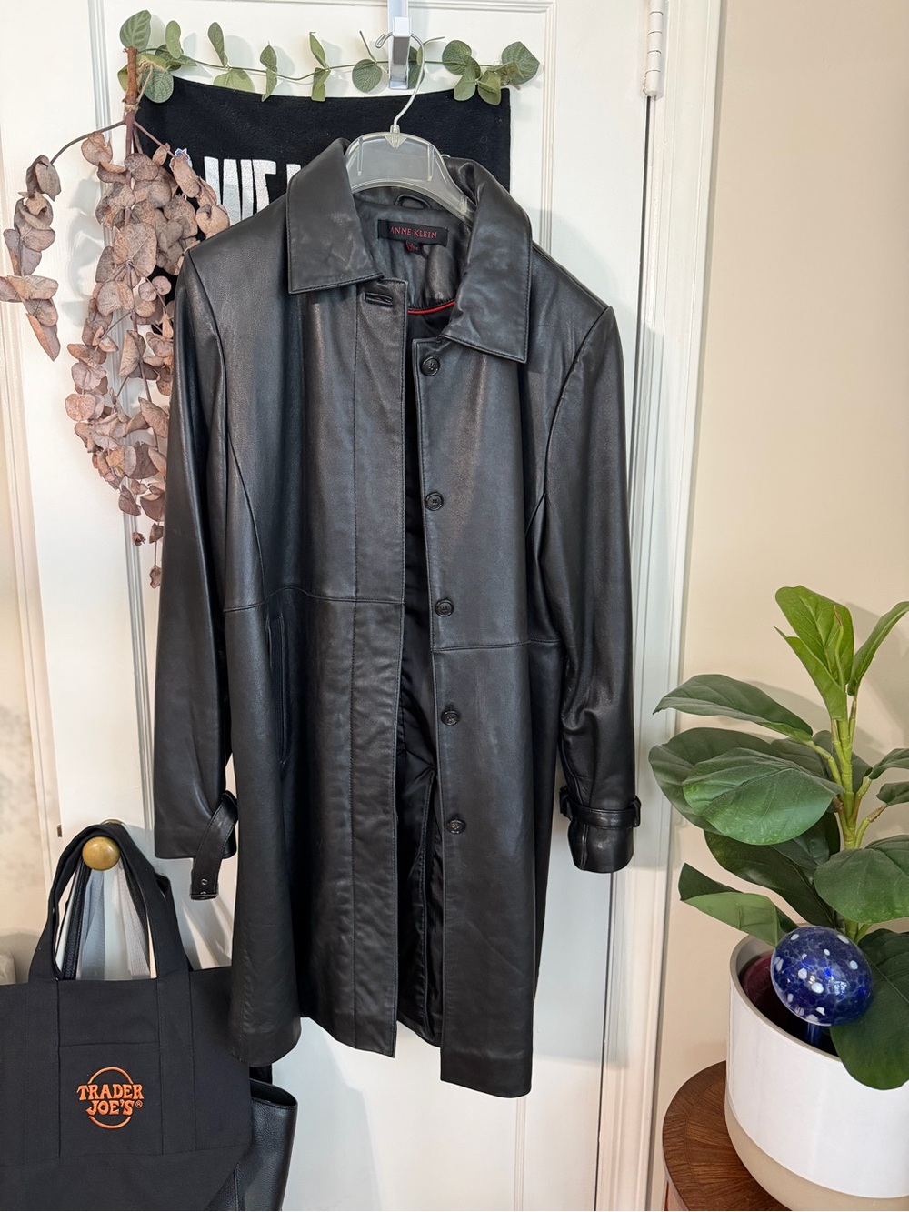 Anne Klein Black Genuine Leather Trench Coat